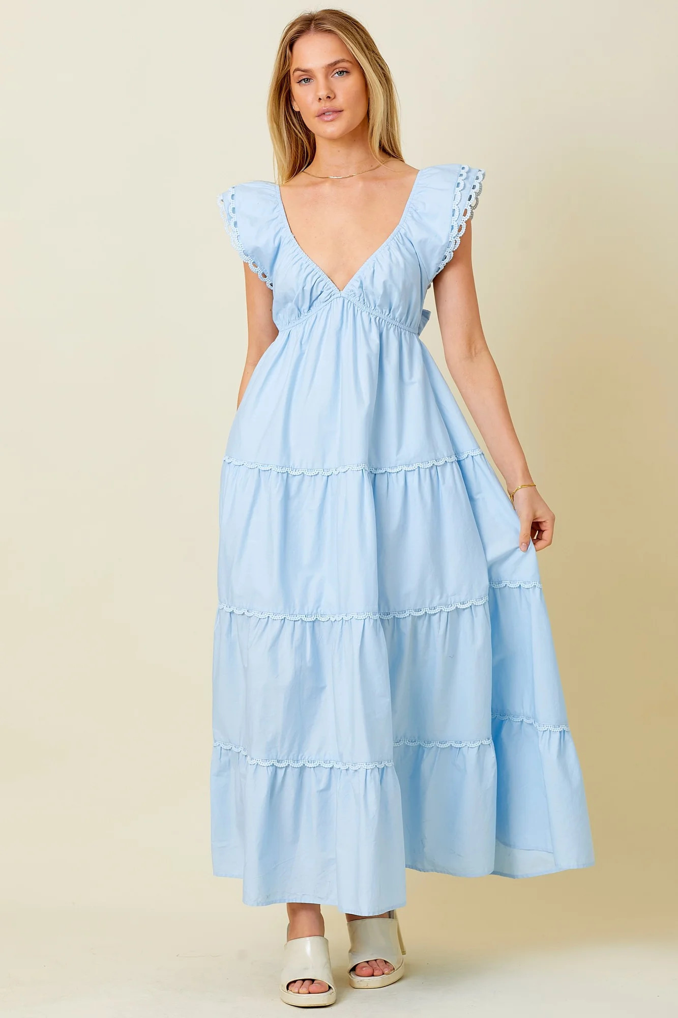 Light Blue Ruffle Trim Maxi Dress | PinkBlush Maternity