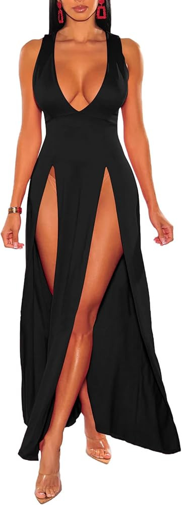 Sexyshine Women's Sexy Deep V Neck Double High Split Side Maxi Dress Sleeveless Long Bodycon Cock... | Amazon (US)