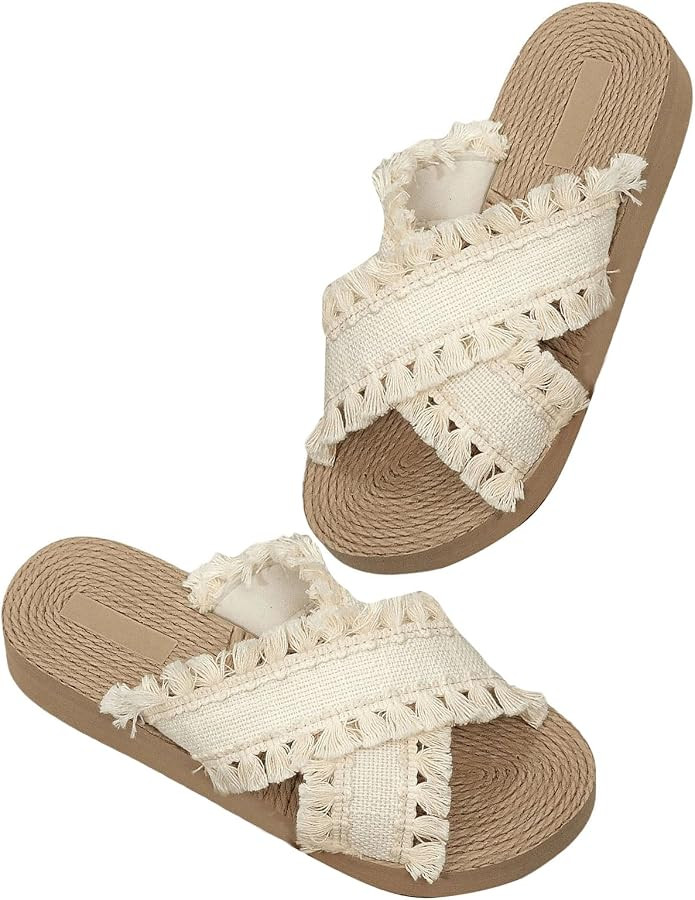Verdusa Women's Fringe Criss Cross Strap Summer Sandals Slip On Slides Outdoor Shoes | Amazon (US)