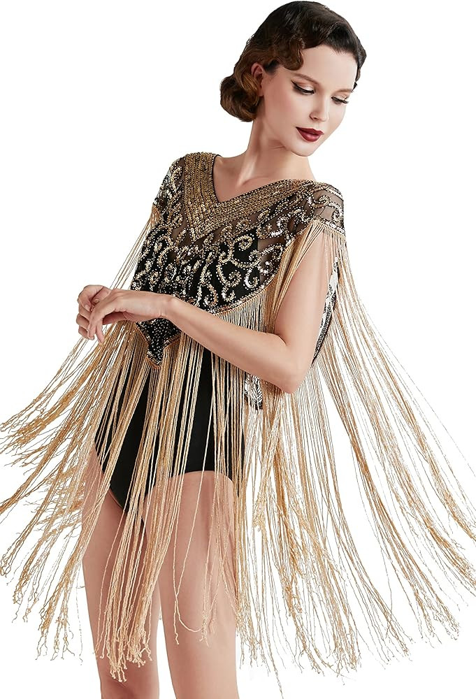 BABEYOND 1920s Shawl Wraps Long Fringed Evening Cape Sequin Beaded Party Shawl | Amazon (US)