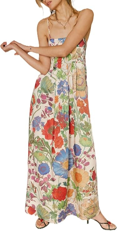 Women Floral Spaghetti Strap Long Sundress Boho Smocked Backless Flowy Midi Dress Summer Tiered R... | Amazon (US)