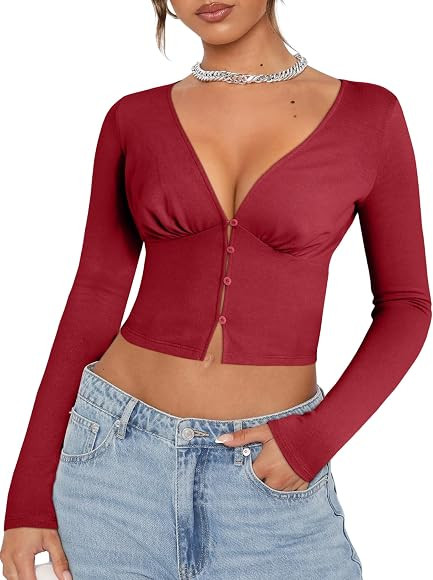 FENSACE Women's Sexy Deep V Neck Long Sleeve Crop Top Button Down Slim Fit Knit Casual Shirts | Amazon (US)