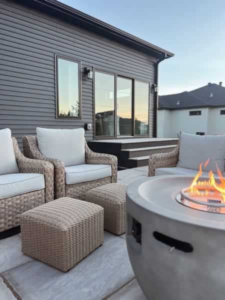 Our landscaping and patio are almost done! We finally were able to bust out our patio furniture that I bought earlier this year. Unfortunately the chairs are no longer available, but the sofa is! I also found a similar fire pit, and these ottomans are on clearance.

#LTKhome #LTKsalealert #LTKstyletip