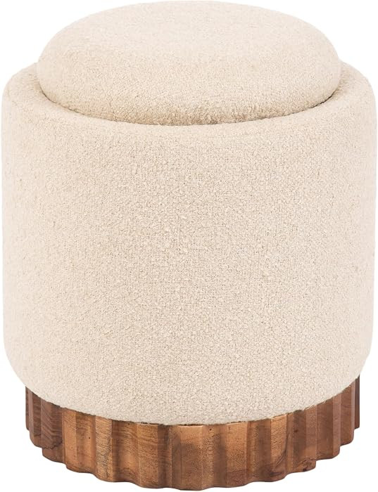 Kate and Laurel Jarlan Round Upholstered Ottoman with Storage and Wood Base, 16 x 16 x 19, Soft White and Walnut Brown, Modern Boucle Living Room Ottoman Foot Rest for Apartment or Dorm Room Decor | Amazon (US)