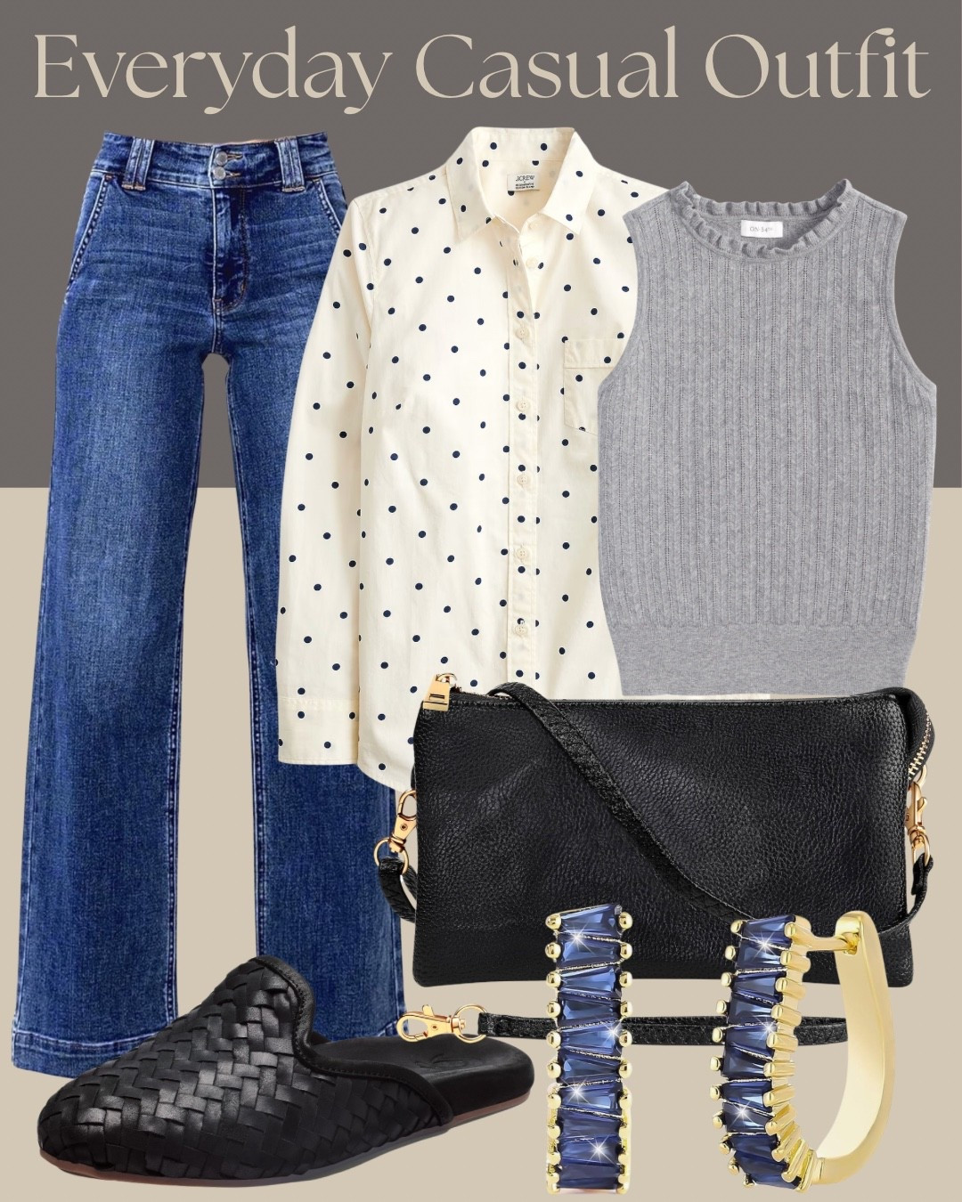 Everyday casual outfit with straight leg jeans and a layered button down. The polka dot shirt under the ribbed tank adds texture, while the woven black slides and structured crossbody keep it polished but comfortable.

#everydayoutfit #springlayers #casualchic #ltkfashion

#LTKootd
