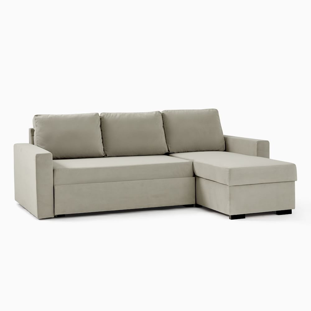 London Sleeper Sectional, Poly, Performance Velvet, Silver, Concealed Supports | West Elm (US)