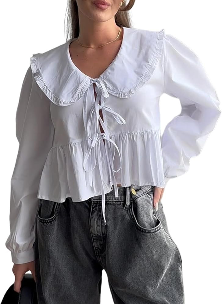 Yimoon Womens Lapel Doll Collar Blouse Pleated Tie Front Peplum Shirts Cute Puff Long Sleeve Baby... | Amazon (US)