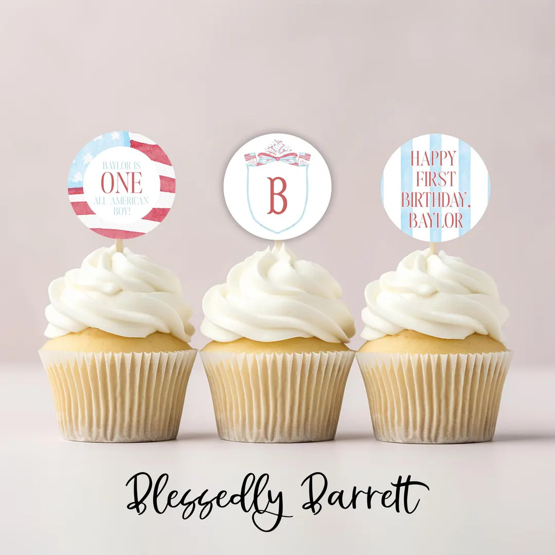 Grandmillennial Patriotic Boy Cupcake Toppers | 4th of July | Red White TWO | Summer Crest Birthd... | Etsy (US)