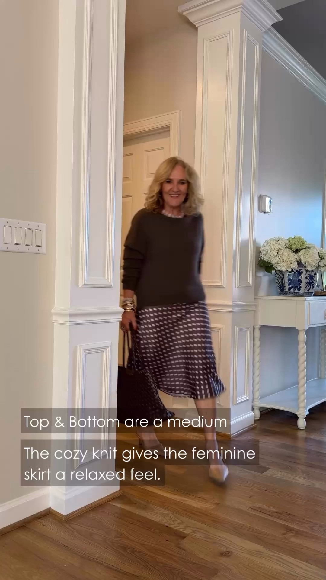 I like mixing a cozy sweater with something a little dressier, like this polka dot skirt. It’s a nice change from jeans, and I’m wearing a medium in both!
