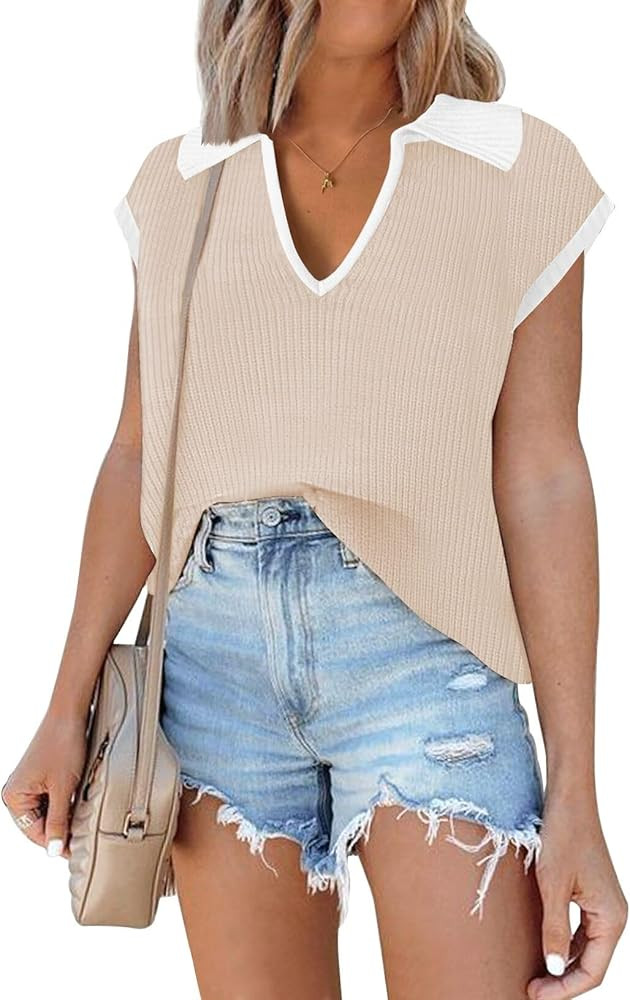 Cap Sleeve Sweater Vests for Women 2024 Spring Outfits Crochet Summer Tops Short Sleeve Sweater S... | Amazon (US)