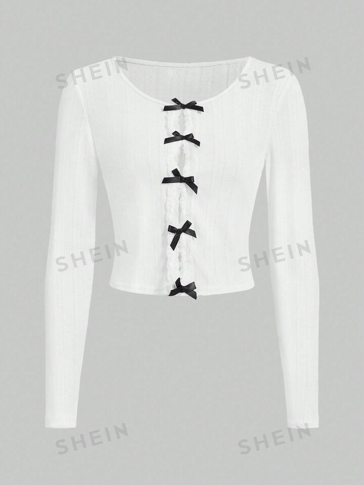 ROMWE Kawaii Cute Solid Color Tight-Fitting Women's Basic Top With Ribbon Bowknot Decoration And ... | SHEIN