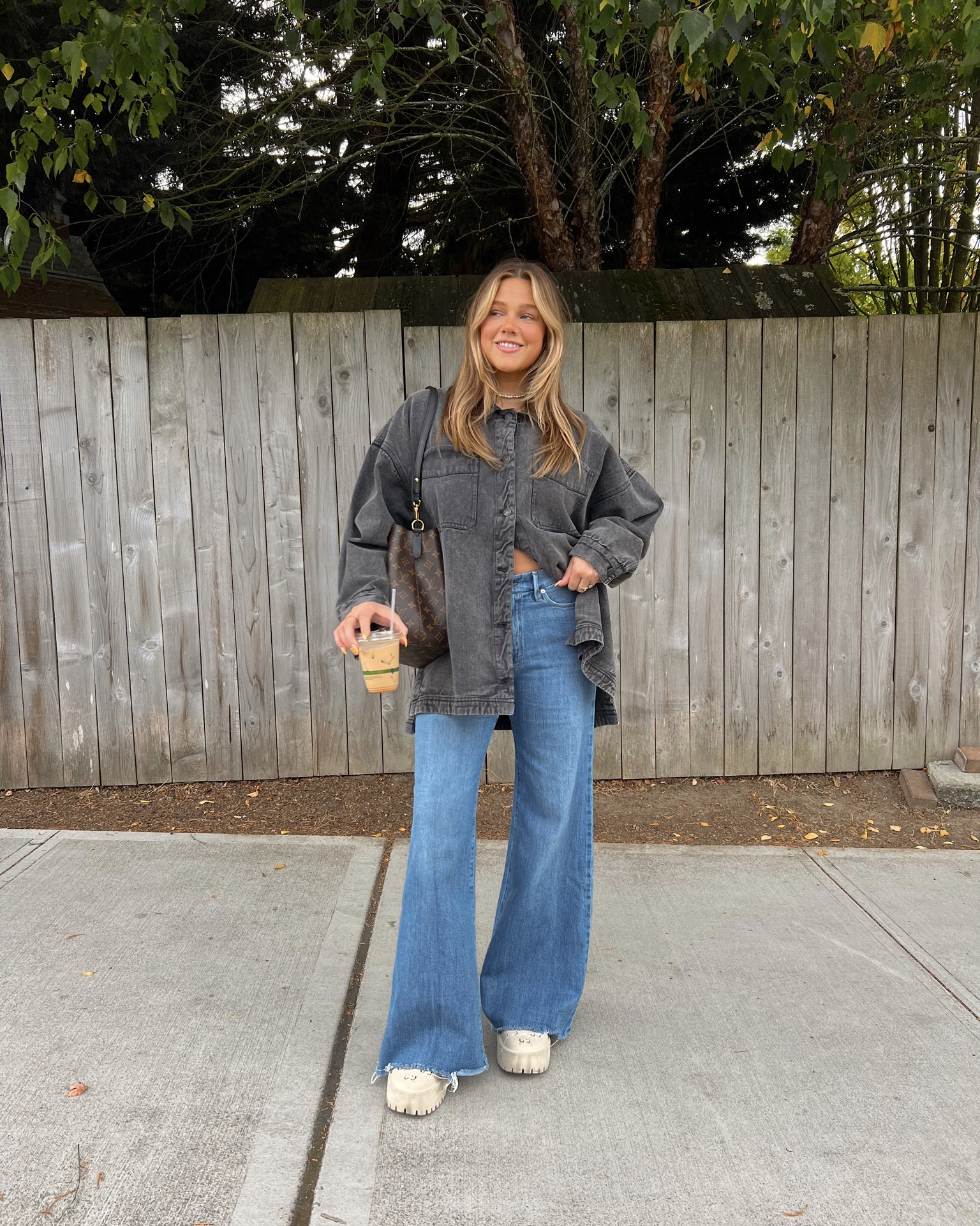 Free people jacket size M went with true size but you could size down!! Loose and soft denim I love the oversized fit it’s a jacket but can wear easily as a shirt like i did  Jeans sold out but linking similar!! 