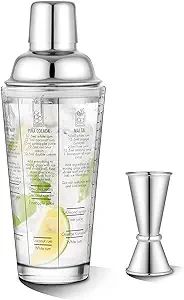 Glass Cocktail Shaker Printed with Recipes,14 oz Martini Shaker with Double Measuring Jigger,18/8... | Amazon (US)