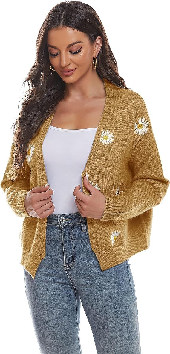 ISOMEI Women's Y2K Flower V-Neck Button Down Knitted Cardigan Long Sleeve Loose Sweater | Amazon (US)