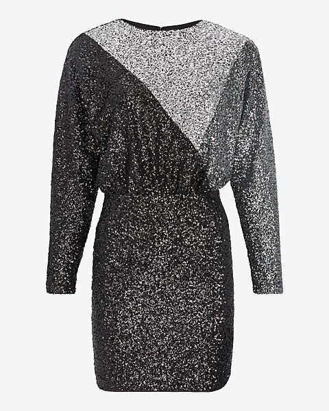 Color Block Sequin Strong Shoulder Mini Dress | Express