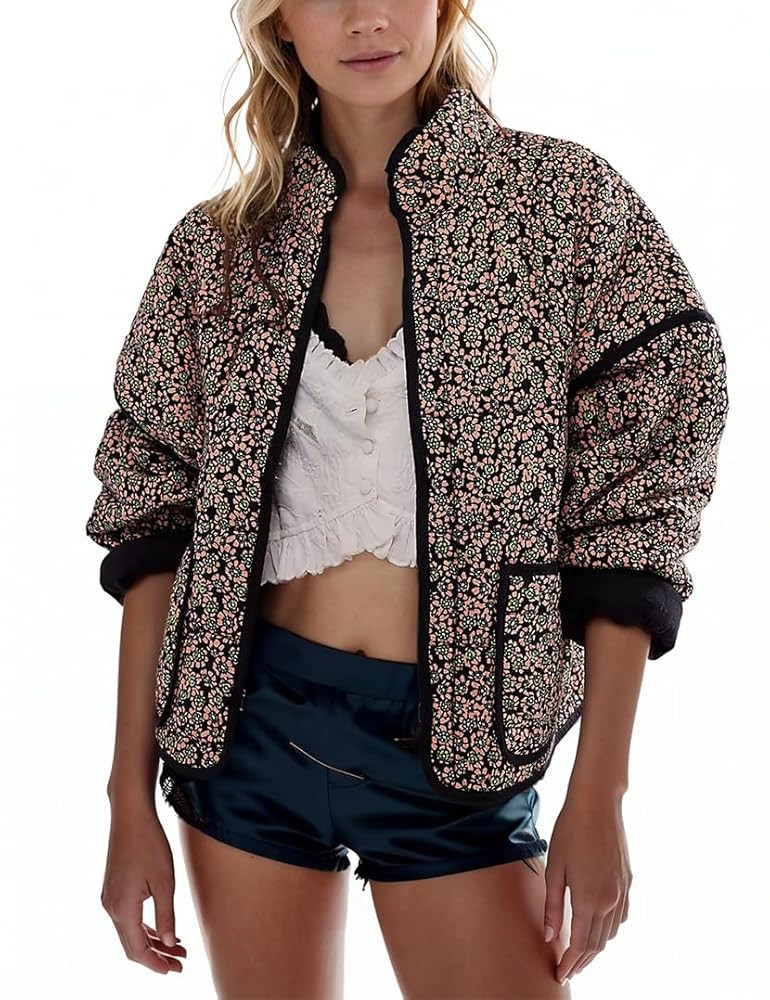 Omoone Women's Cropped Quilted Jacket Floral Printed LightWeight Padded Puffer Cardigan Coat Outw... | Amazon (US)
