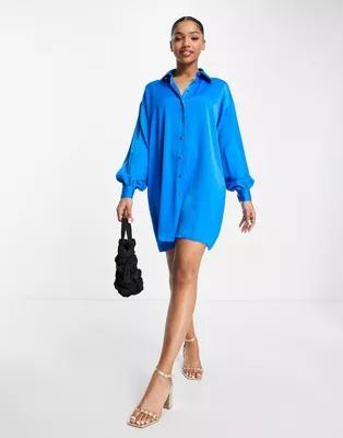New Look oversized satin shirt dress in blue | ASOS | ASOS (Global)