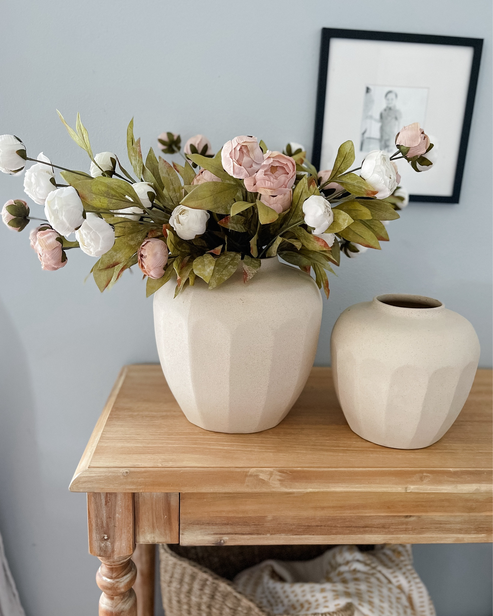Michaels viral peonies. Entryway styling. Console table styling. Spring flowers. Faux flowers. Realistic floral stems. Table lamp. Basket tote. Gallery wall frames. Ceramic vases. Easter decor. Home decor ideas. #LTKstyletip #LTKhome

#LTKSeasonal
