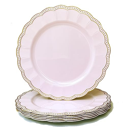 Umisriro Pink Round Charger Plates,13 Inch Metallic Chargers for Dinner Plates, Gold Bead Rim Plastic Chargers For Dining, Wedding, Party, Shower. 6 Pack Decorative Holiday Tabletop Decor | Amazon (US)