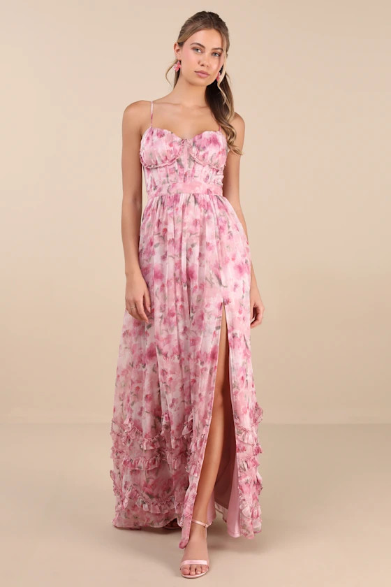 Novella Pink Floral Ruffled Bustier Lace-Up Maxi Dress | Lulus