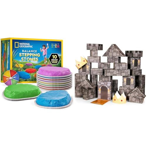 Blue Marble NATIONAL GEOGRAPHIC 10 Non-Slip Stepping Stones & 30 Jumbo Cardboard Blocks – Indoor/Outdoor Balance Stones + 30 Durable Blocks for Building Castles & Playhouses, Toddler & Kids Activities | Amazon (US)