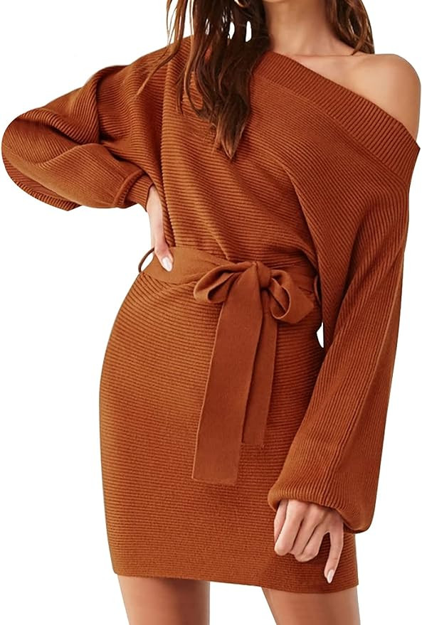 Meenew Women's Off Shoulder Sweater Dress Ribbed Tie Waist Short Bodycon Dress | Amazon (US)