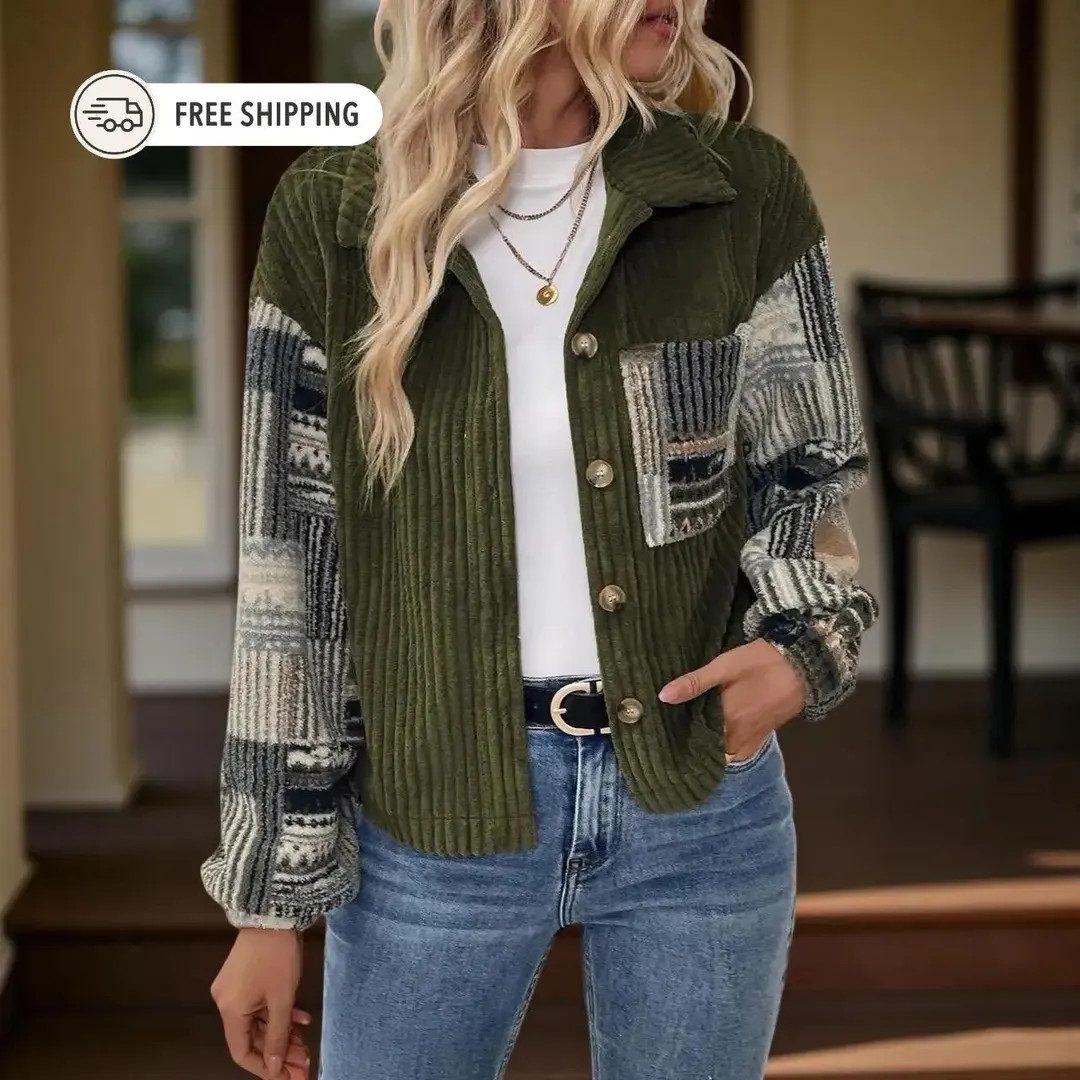 Green Patchwork Fleece Shacket, Women's Plaid Sleeve Corduroy Button Up Jacket | Etsy (US)