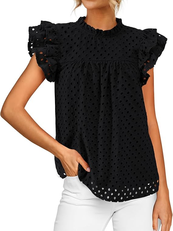 BTFBM Casual Summer Tops for Women 2025 Short Ruffle Sleeves Shirts Crew Neck Hollow Out Lace Emb... | Amazon (US)