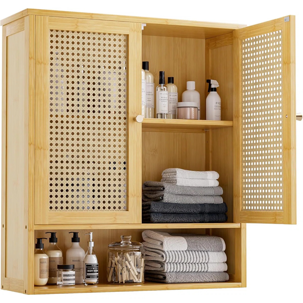 Bamboo Wall-Mounted Over-Toilet Cabinet, Rattan Doors & Adjustable Shelf | Wayfair North America