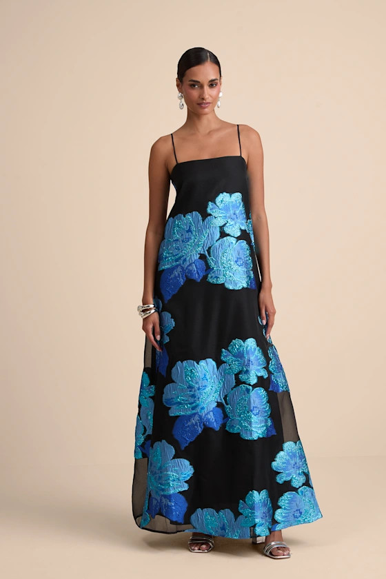 Yavanna Black and Blue Floral Jacquard Shift Maxi Dress | Lulus