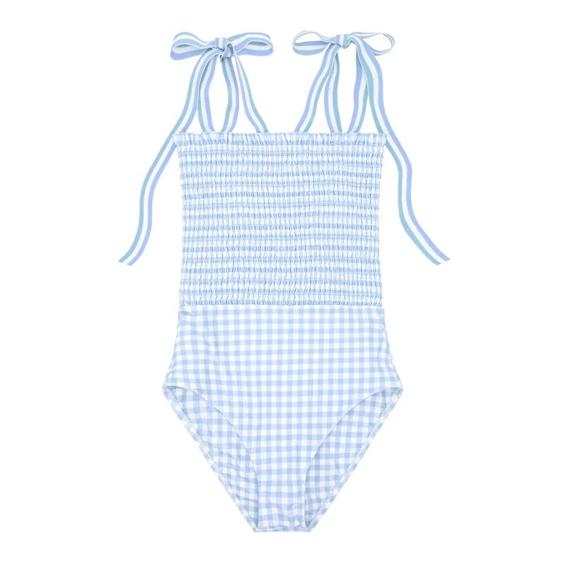 womens oasis blue gingham smocked one piece | minnow