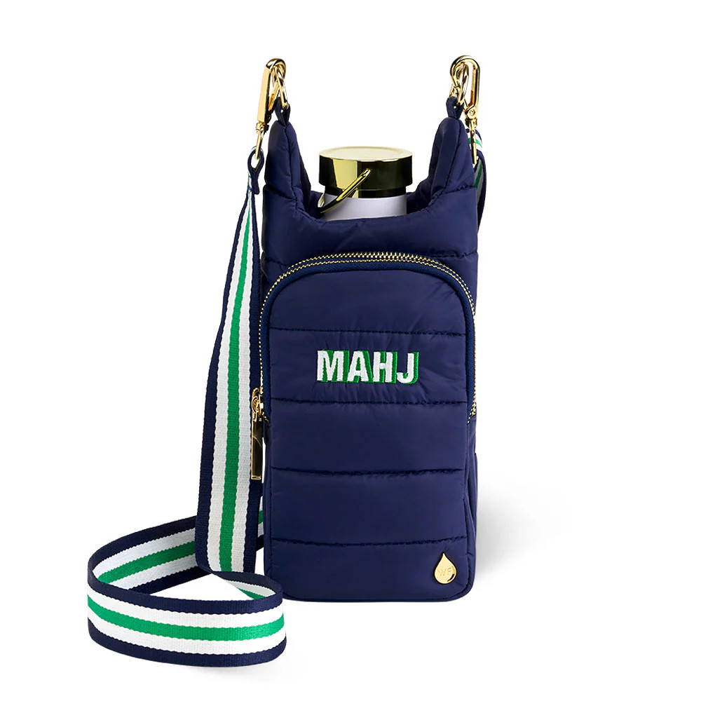 Navy HydroBag with Mahjong Embroidery and Navy, Green, White Strap | WanderFull 