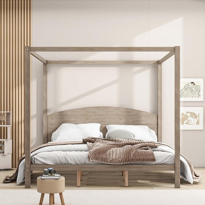 Harper & Bright Designs King Canopy Bed with Headboard,Wooden Canopy Bed Frame King with Support ... | Amazon (US)