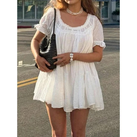 White Puff Sleeve Babydoll Mini Dress With Lace Trim Ruffle Flowy Sundress Summer Loose Swing | Walmart (US)