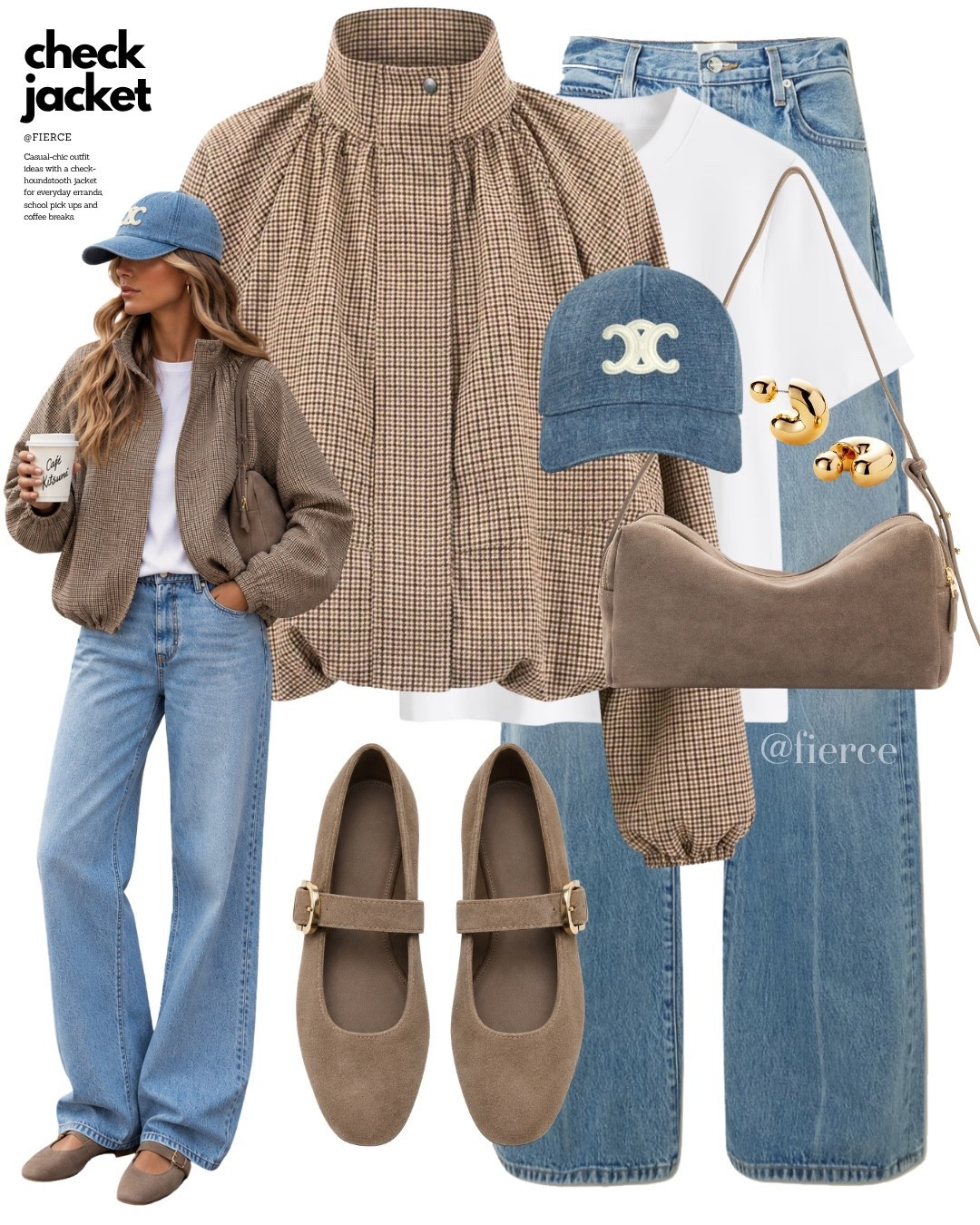 Check jacket blue 90s jeans taupe beige suede bag taupe Mary Jane flats denim hat

#LTKuk #LTKautumn #LTKeurope