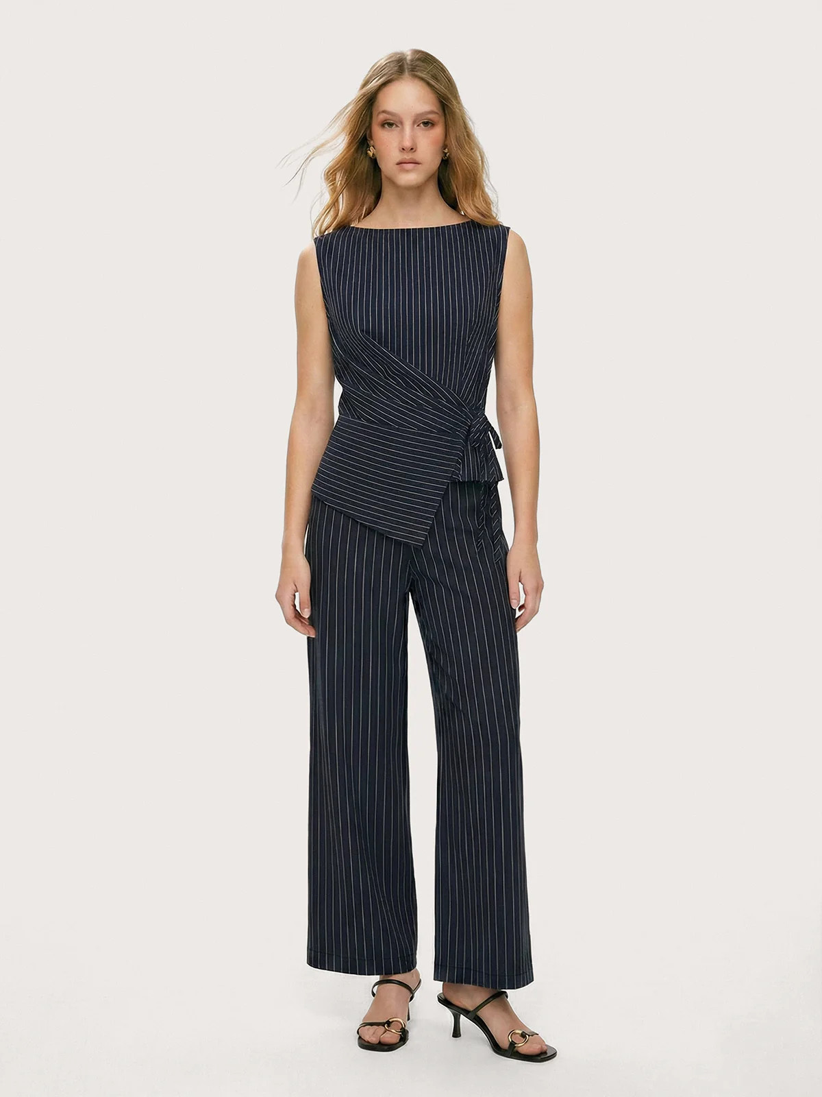 Pinstripe Wrap Top & Wide-Leg Pants Set | Commense
