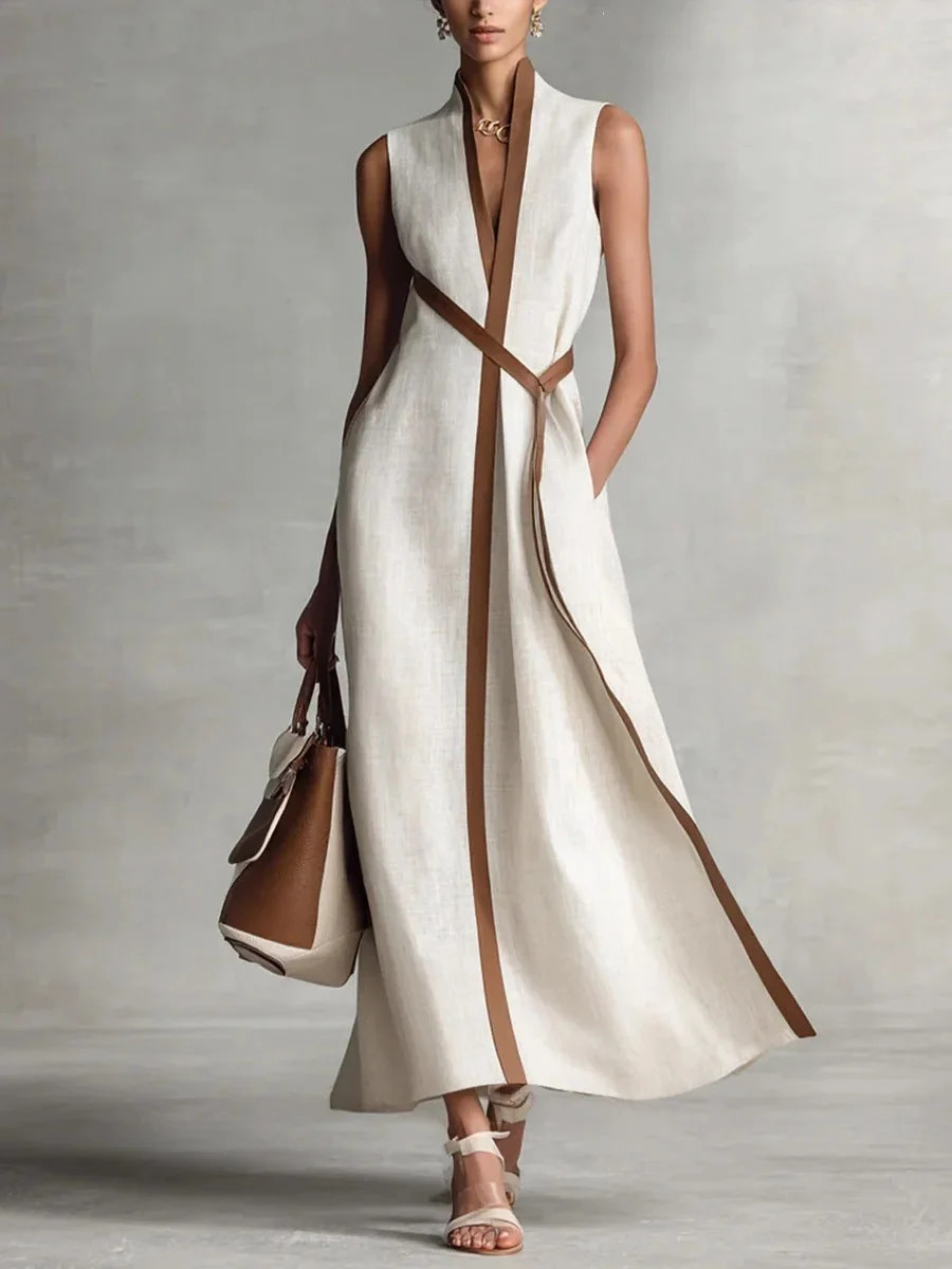 Women's Color Block Sleeveless Stand Collar Linen Blend Dress | Zulily