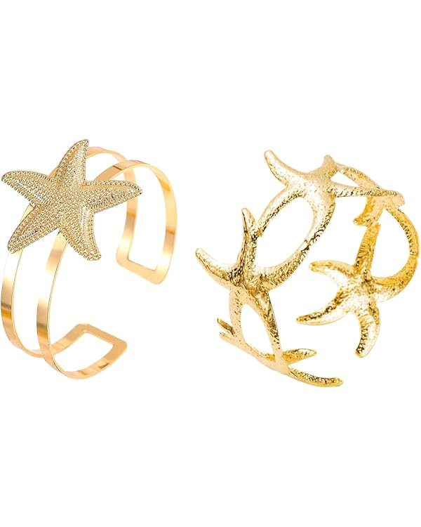 2Pcs Wide Starfish Arm Cuff Bracelet 2 Styles Vintage Chunky Gold Open Bangle Boho Starfish Arm J... | Amazon (UK)