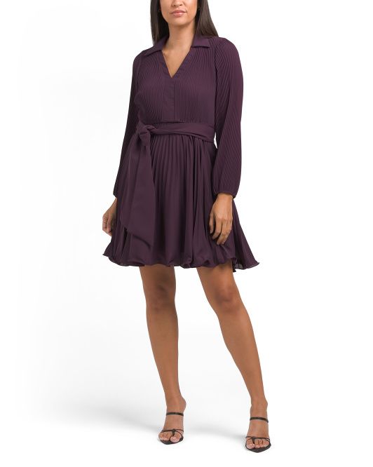 Pleated Collared Waist Tie Mini Dress | TJ Maxx