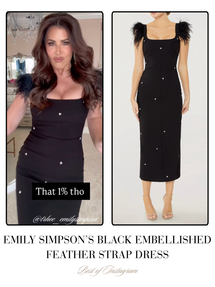 Emily Simpson's Black Embellished Feather Strap Dress 📸 + Info= @rhoc_emilysimpson 

 