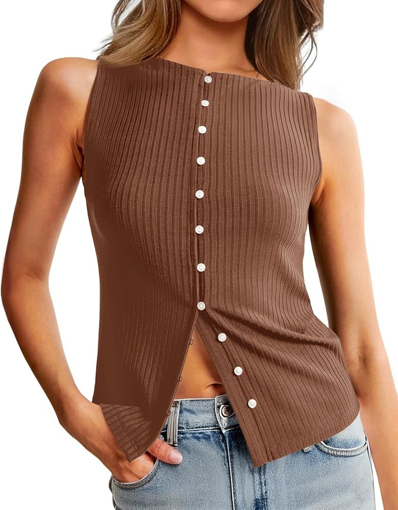 Tankaneo Womens Button Down Ribbed Tank Tops Cropped Cute Y2k Vest Tops Summer Going Out Outfits | Amazon (US)