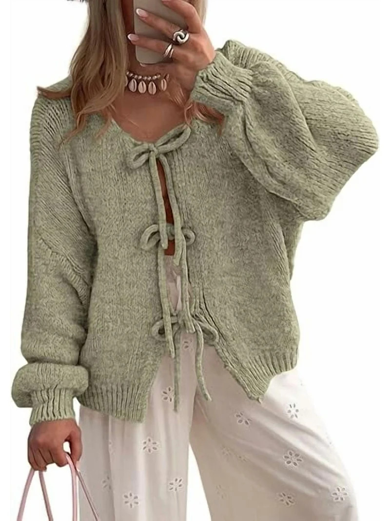 PRETTYGARDEN Women's Tie Front Bow Cardigan Sweaters Chunky Knit Long Puff Sleeve Trendy Fall Win... | Walmart (US)