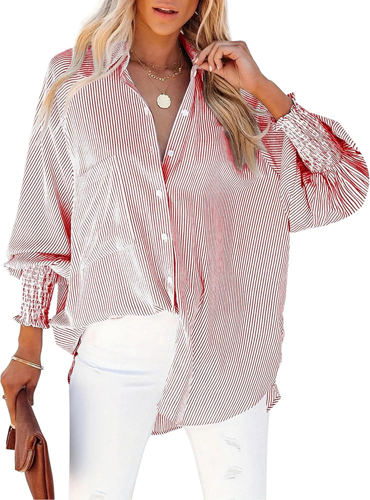 Women's Wrinkle-Resistant Smocked Cuffed Striped Button Shirt with Pocket Oversized Casual Boyfri... | Amazon (US)