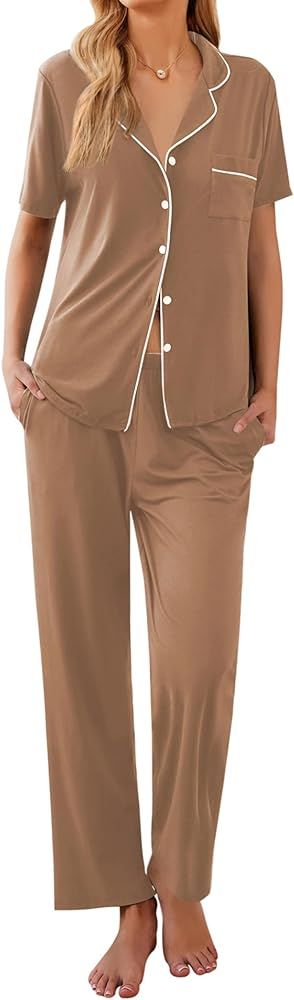 Ekouaer Women Pajamas Set Button Down Sleepwear Short Sleeve Nightwear with Long Pants Soft Pjs S... | Amazon (US)
