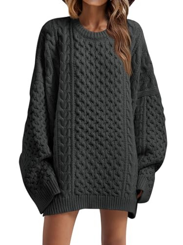 Saodimallsu Womens Oversized Sweaters Chunky Cable Knit Crewneck Long Sleeve Loose Tunic Mini Sweater Dresses Dark Gray | Amazon (US)