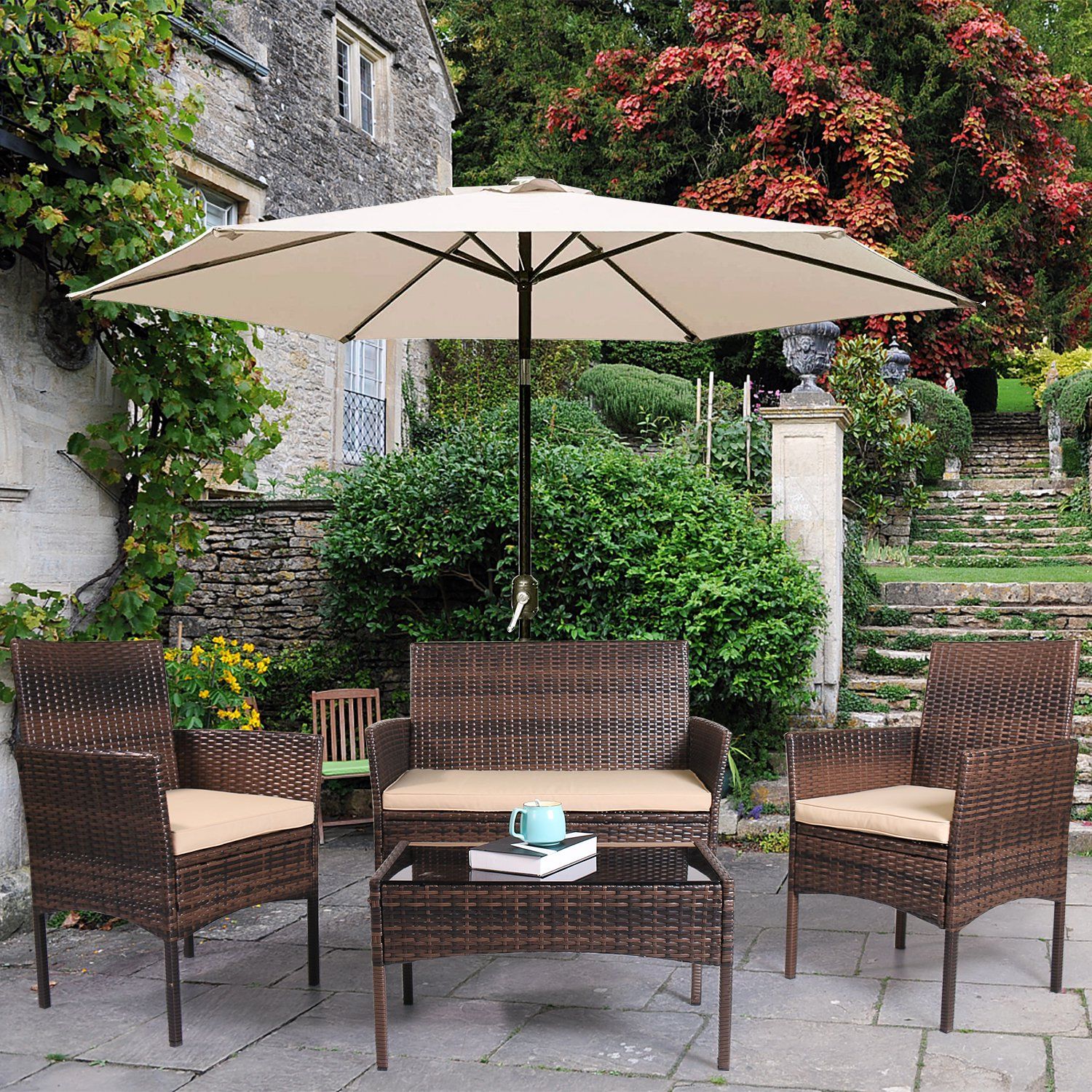 Yangming 4 PCS Outdoor Patio Furniture Sets Rattan Chair Wicker Conversation Sofa Set, Outdoor In... | Walmart (US)