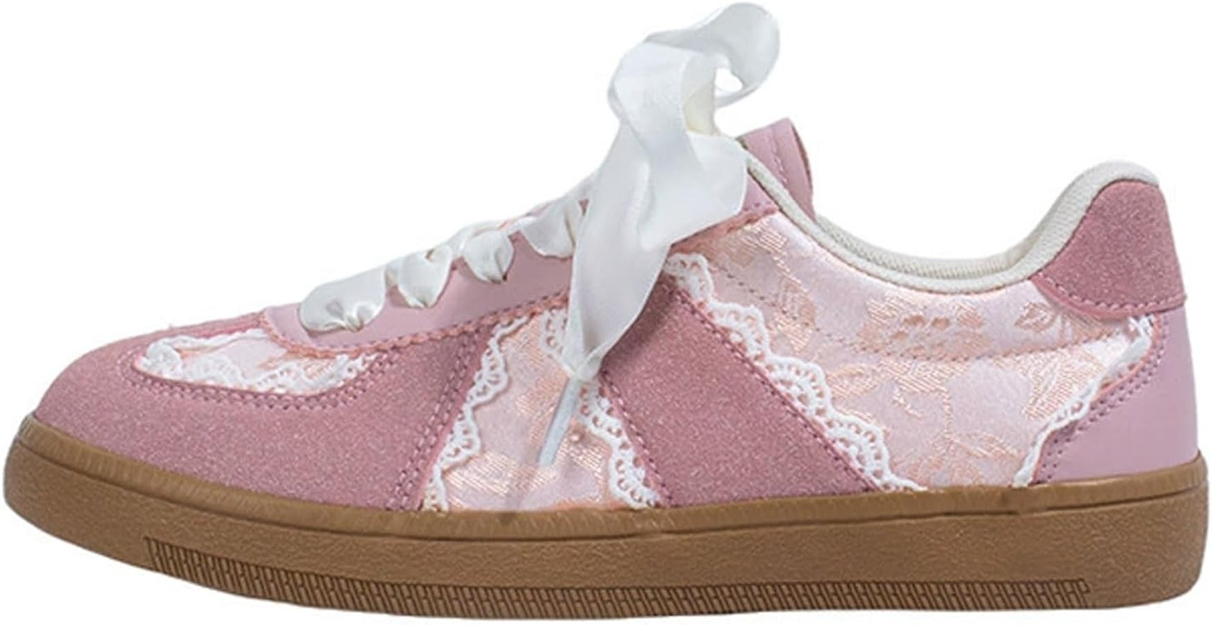 Women’s Lace Detail Casual Sneakers with Lace Border Walking Shoes Ribbon Tie Ballet Flats Shoe... | Amazon (US)