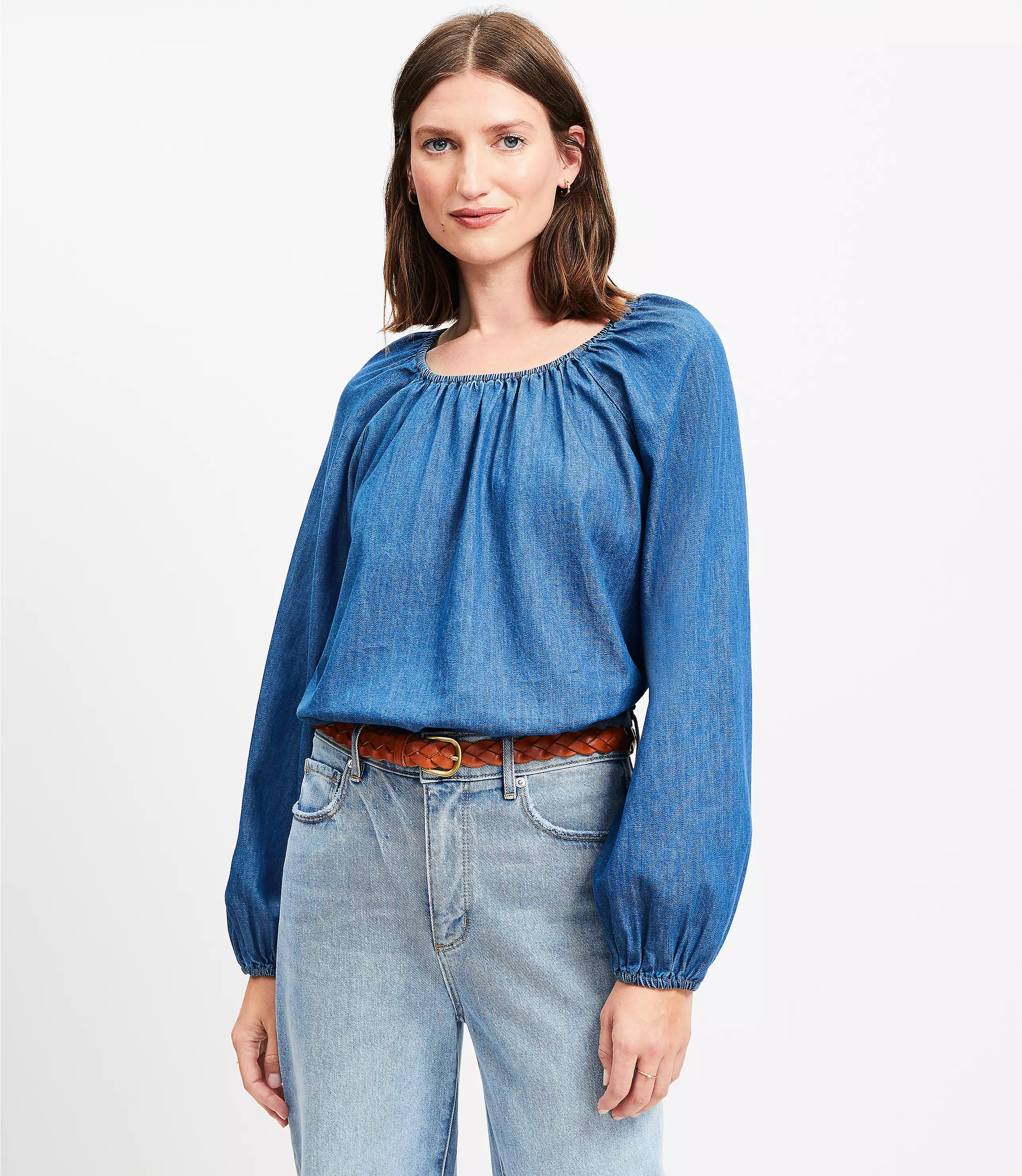 Chambray Shirred Blouse | LOFT