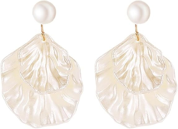 Seashell Pearl Stud Earrings for Women Ocean Sea Theme Sweet Double Layer Acrylic Shell Lightweig... | Amazon (US)