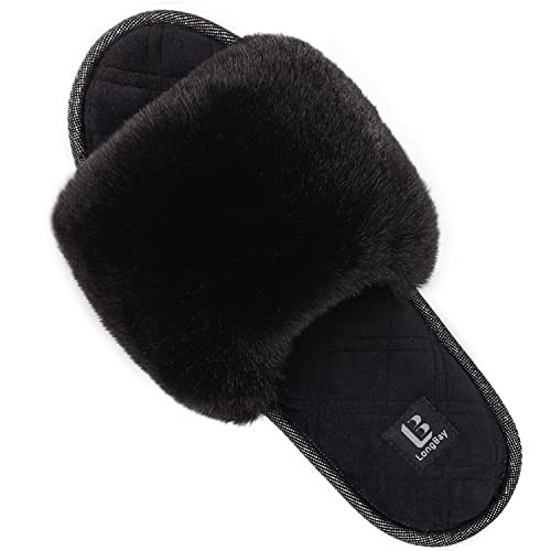 LongBay Women's Fuzzy Slippers Comfy Cloud Memory Foam House Shoes Home Open Toe Slides Indoor Outdoor (X-Large /11-12, Black) | Amazon (US)